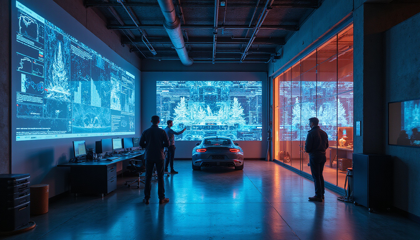  Data-driven control room projecting holographic telemetry over garage, engineers optimizing turnarounds