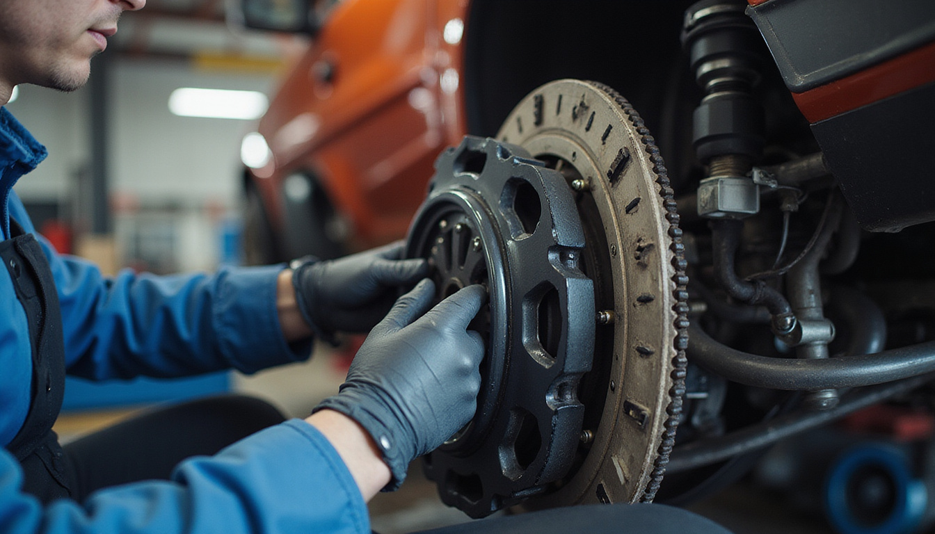  Mechanic tuning performance clutch in garage, dynamic motion blur, focused expression