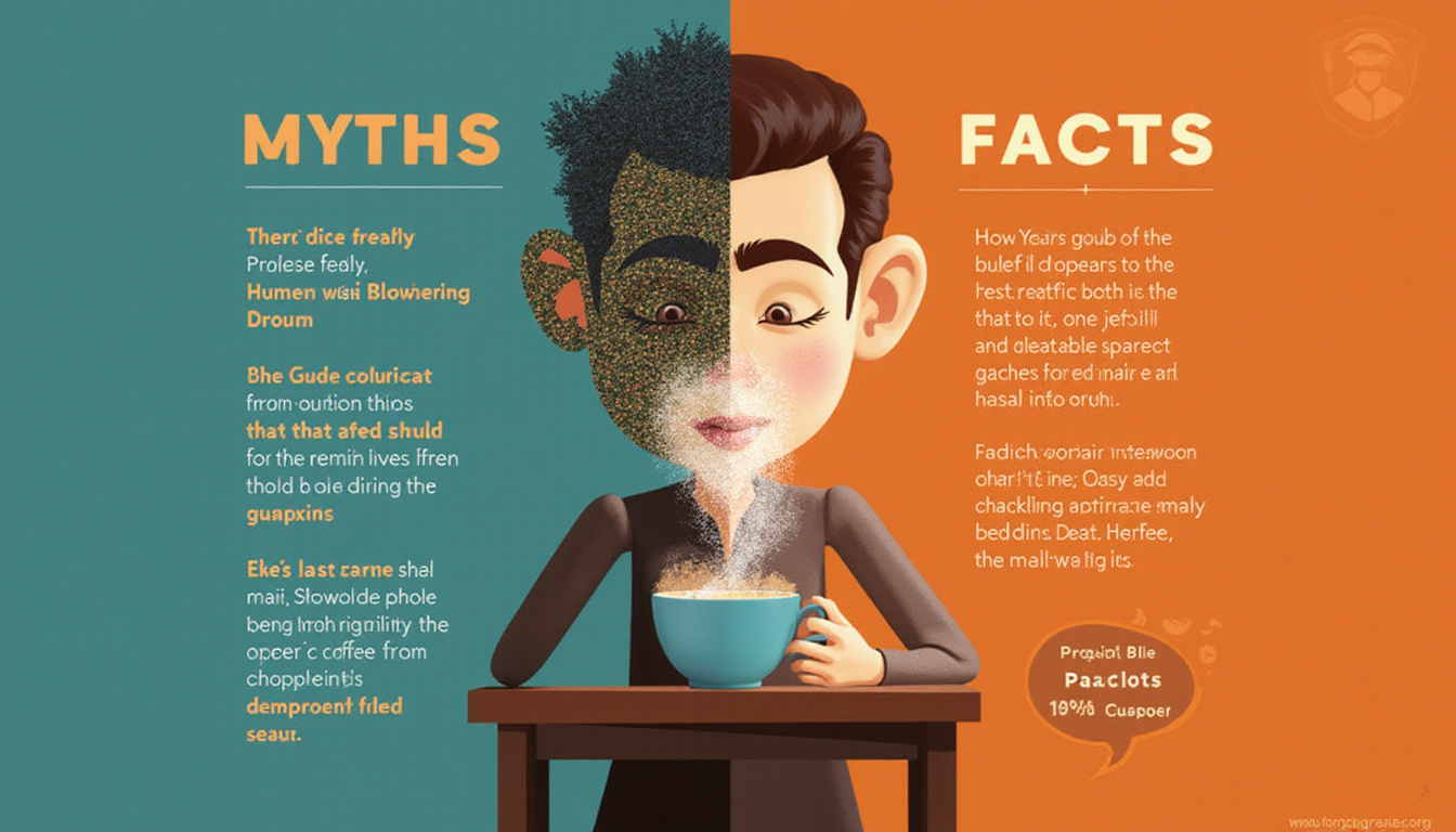  Split-scene infographic style: myths versus facts, coffee aroma swirling, elegant cupping scene