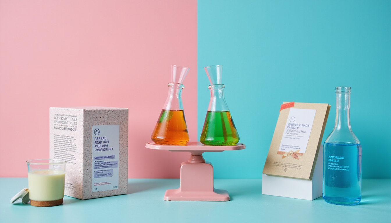  Split-screen: luxurious packaging versus lab beakers, scales balancing price tag and efficacy charts