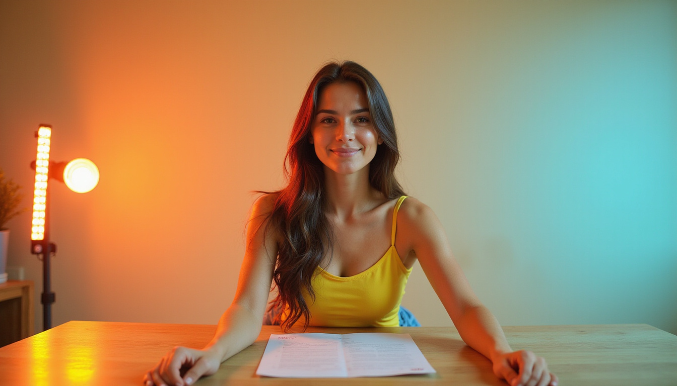  Young woman performing desk stretches, wrist circles and shoulder rolls, warm studio lighting, hopeful expression