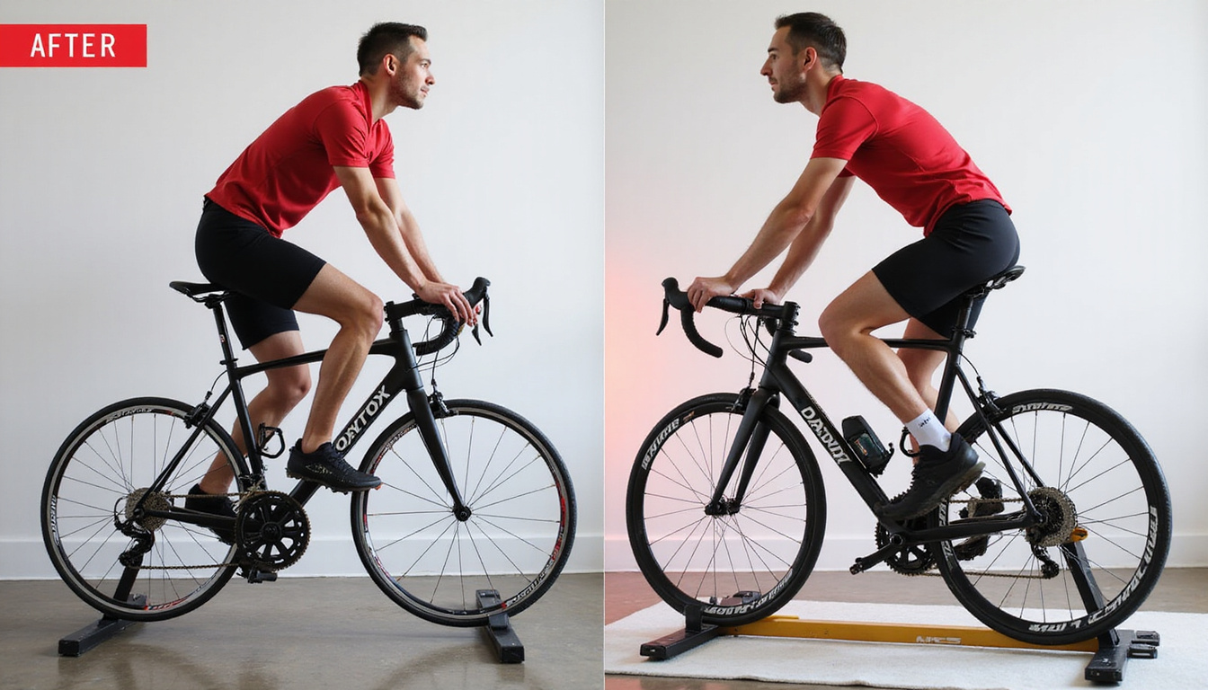  Split-screen before-and-after bike fit, improved posture, power meter readout, motion blur speed