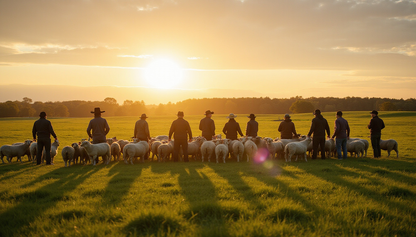  Team of handlers using low-stress signals, quiet sheep in green paddock, golden hour, wide-angle