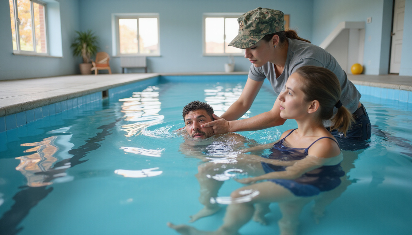  Therapist guiding veteran through hydrotherapy pool session, military cap nearby, calm rehabilitative atmosphere