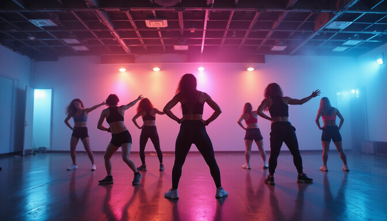  Modern gym class high intensity line dance, sweat, upbeat instructor, heart rate display