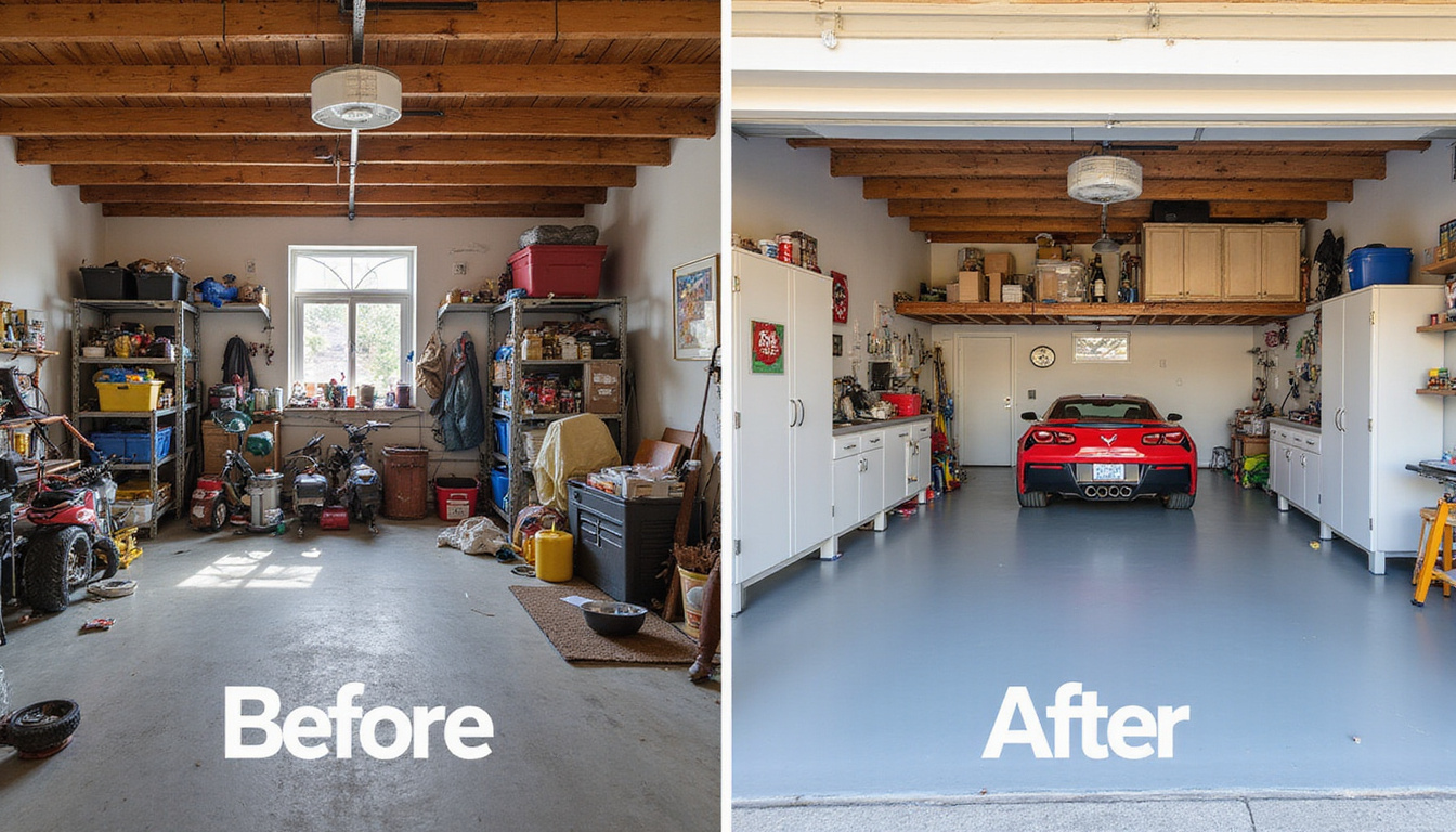 Garage before-and-after: cluttered, overflowing to spotless, open, bright reclaimed storage, satisfied homeowner