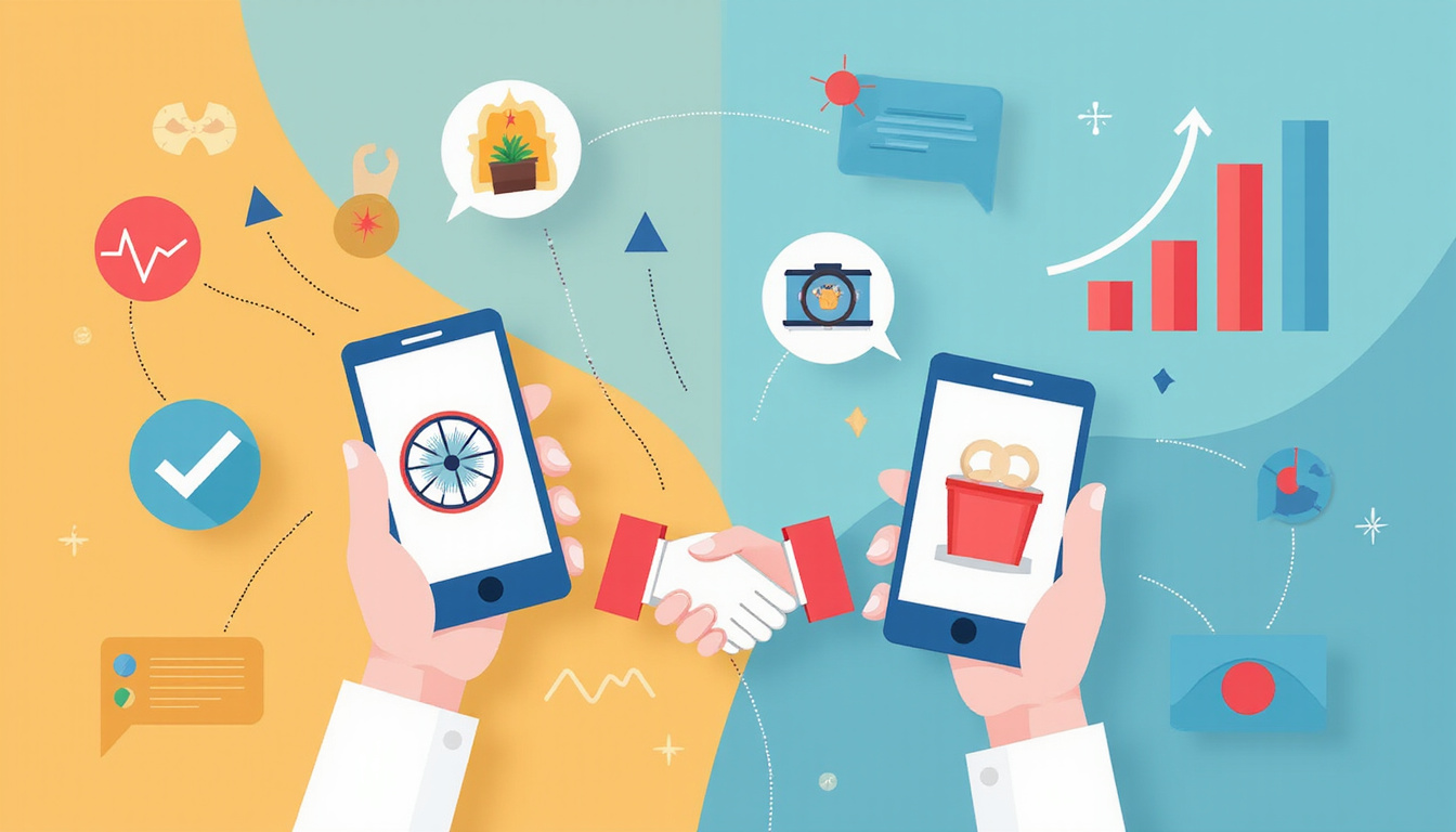  Illustration of phone calls transforming into loyal customers, handshake icons, growth charts, vibrant colors