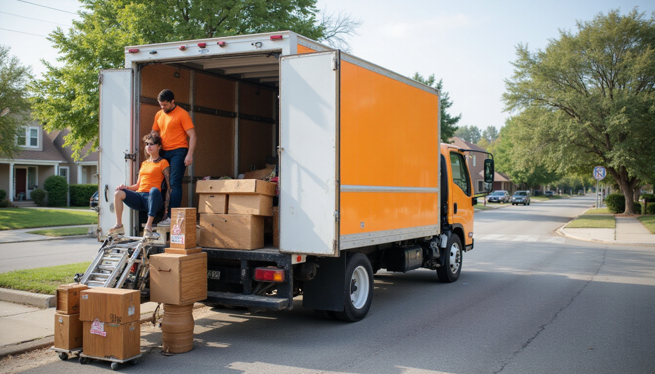  Budget-friendly junk removal truck parked curbside, smiling team loading furniture, dollar-saving tags, bright day