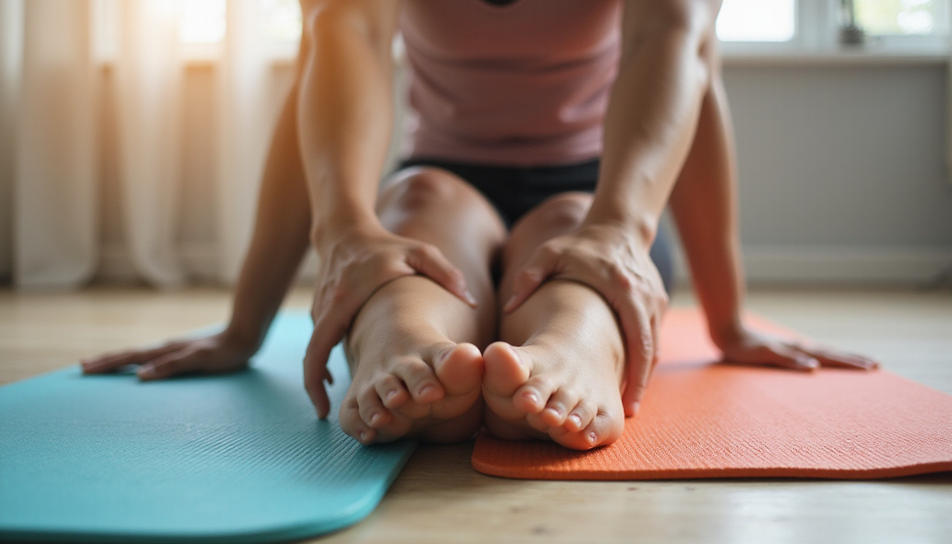  Close-up hands reaching toes on colorful yoga mat, gentle stretch progression, calm natural light
