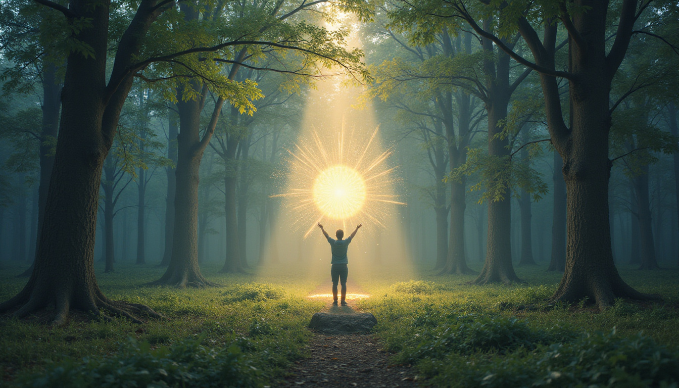  Inner transformation visual, glowing calm aura surrounding beginner in peaceful forest clearing