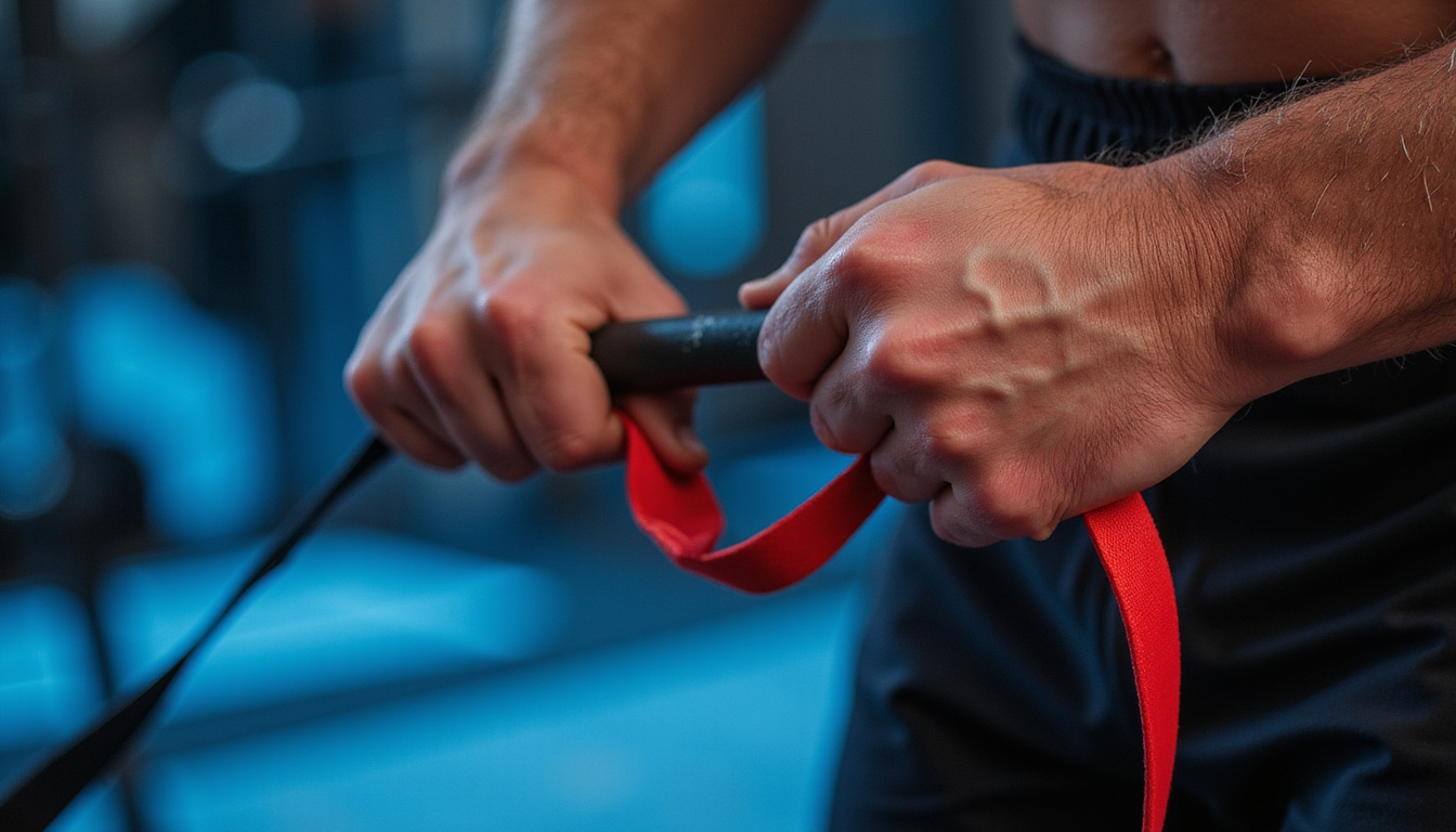  Close-up hands gripping bright resistance band, taut, veins, gym chalk, intense focus, calorie burn graphics