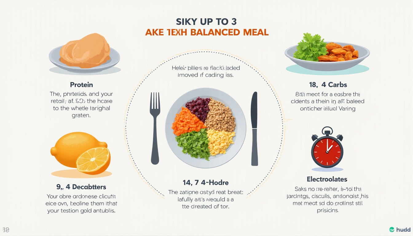  Infographic style spread: balanced meal timing, protein, carbs, electrolytes, colorful plate, stopwatch