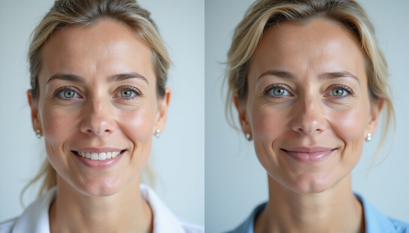  Serene clinical portrait, middle-aged woman before-and-after, smoother youthful skin, relieved expression, caring clinician