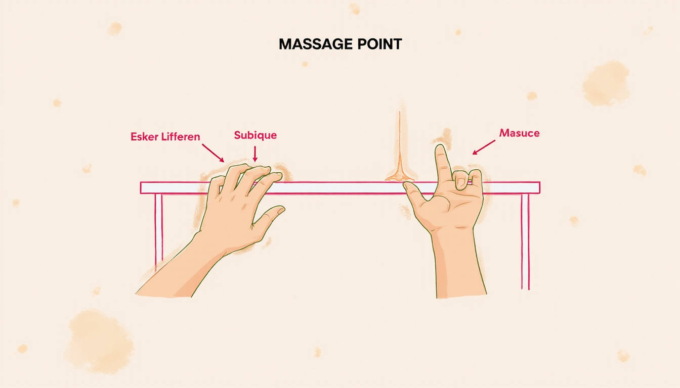  Minimalist infographic showing desk massage points, hands demonstrating pressure, calming pastel palette