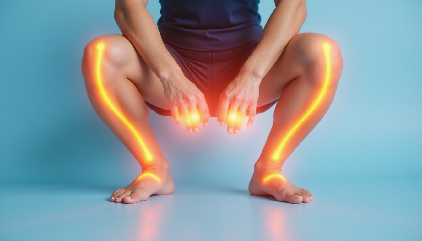  Close-up of hands and knees demonstrating controlled balance squat, glowing stability lines, pastel minimal background
