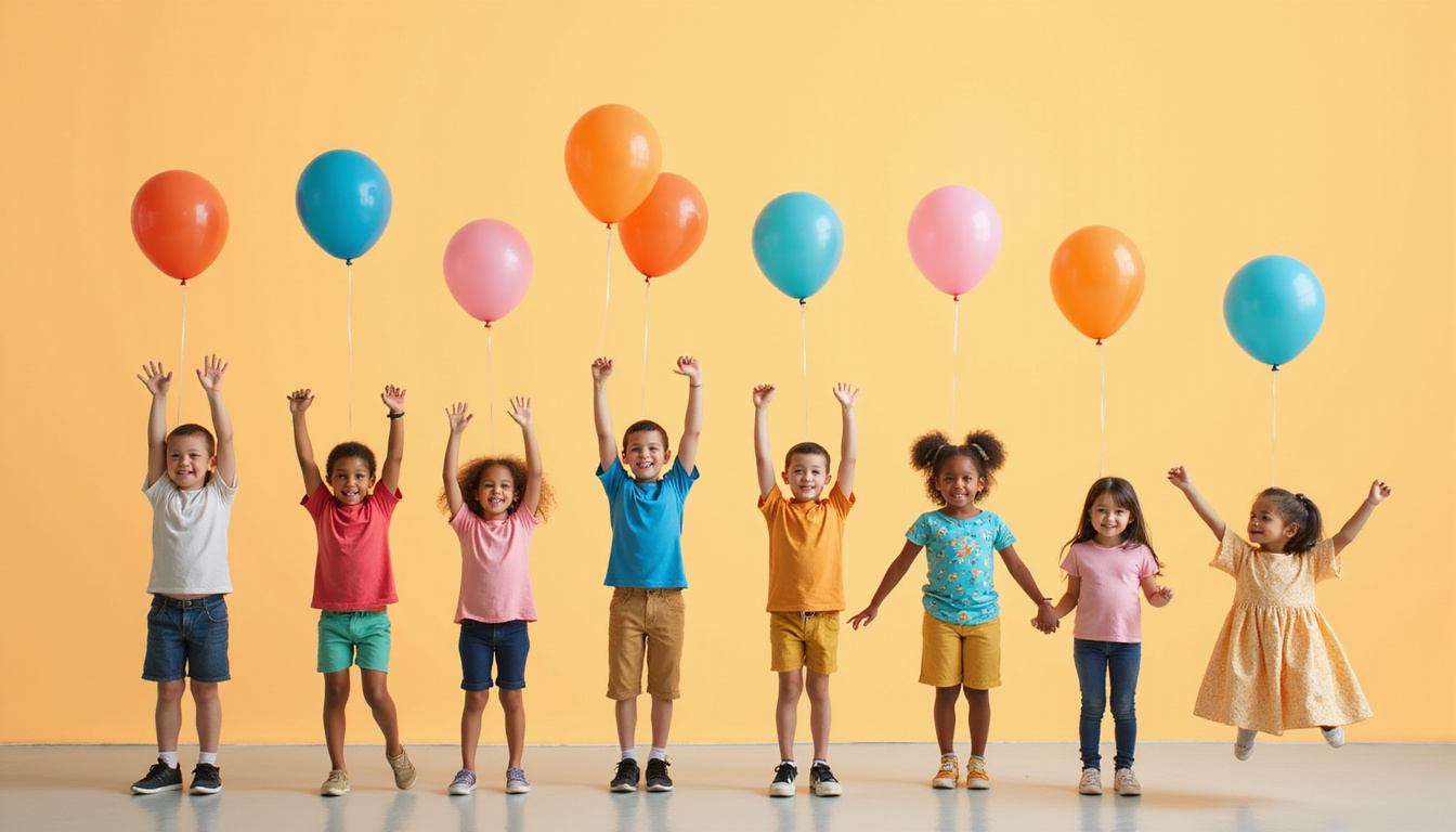 Diverse children practicing adaptive exercises, confidence glowing, balloons, warm tones, hopeful atmosphere