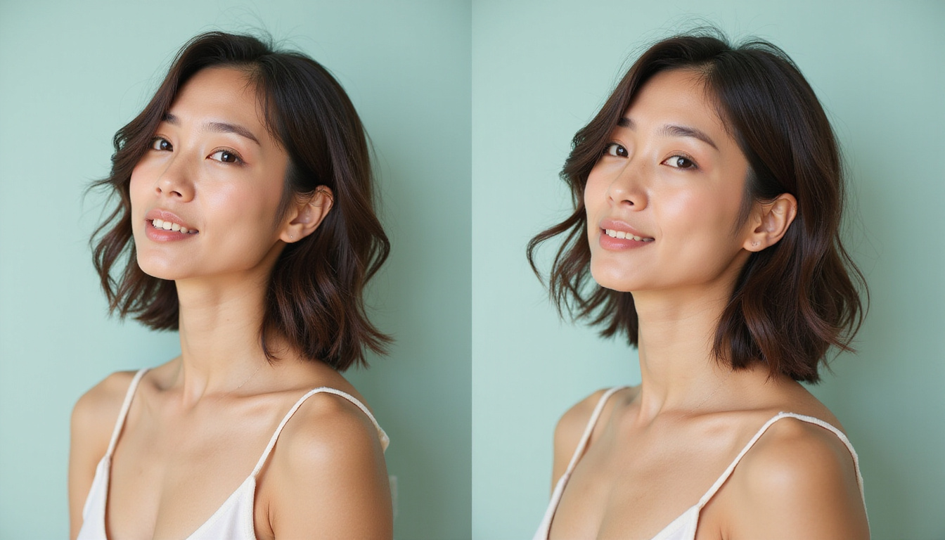  Before-and-after portrait of postpartum hair recovery, botanical treatments, vitamins, serene pastel background