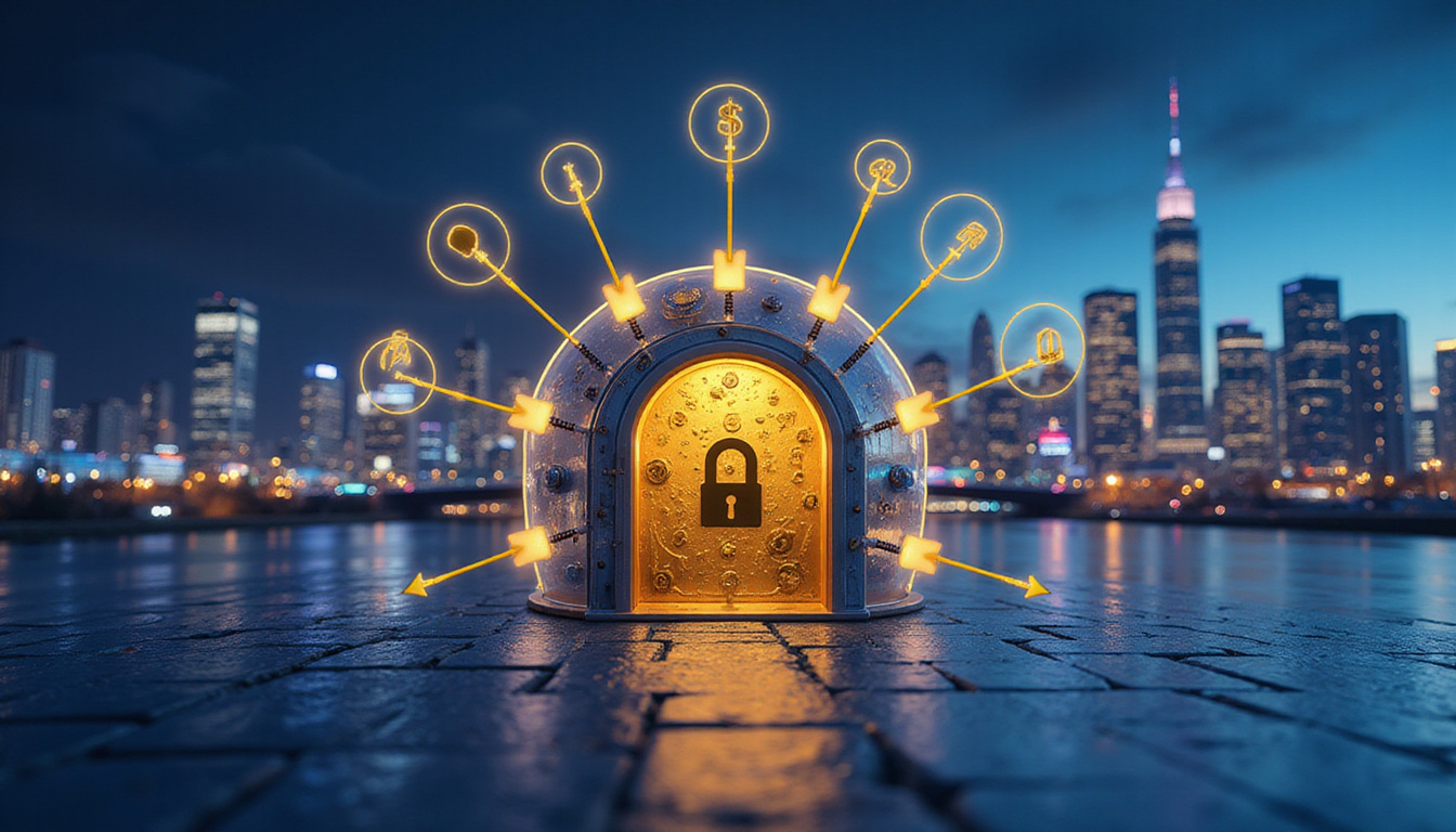  Golden key unlocking digital vault of customer avatars, loyalty badges, upward arrows, vibrant cityscape