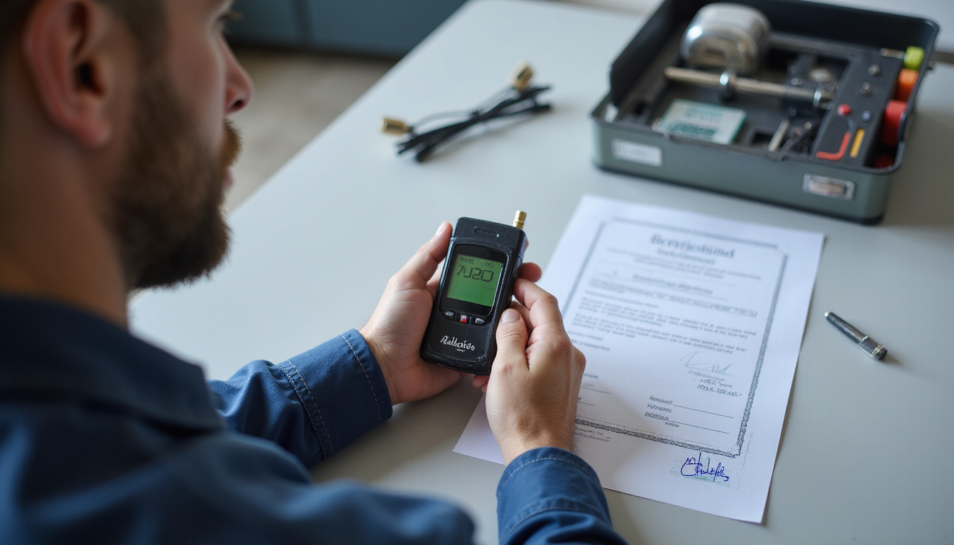  Close-up technician calibrating breathalyzer beside compliance certificate and calibration tools, shallow depth of field