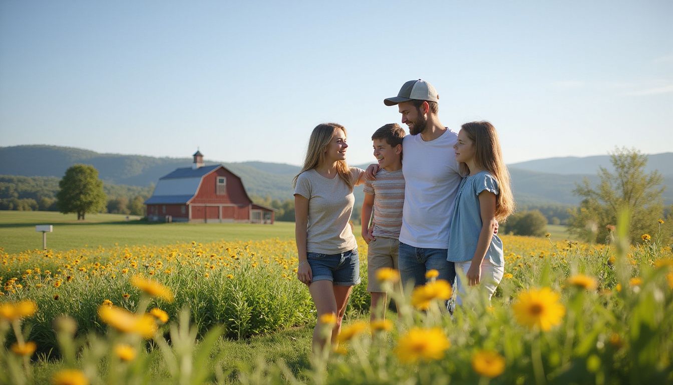  Young family inspecting affordable farmland boundary, wildflowers, distant barn, optimistic investment signage