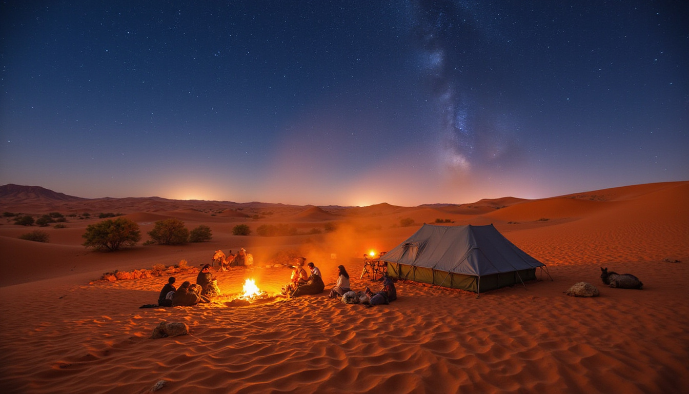  Luxury desert safari, private camp among golden dunes, camels, firelit feast, star-filled sky