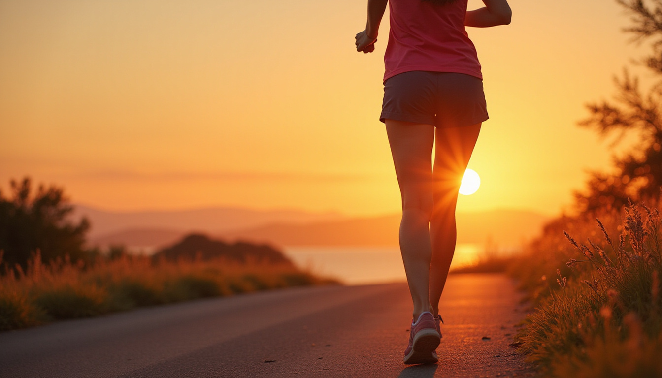  Active older woman jogging pain-free sunset, translucent knee gel illustrated beneath skin