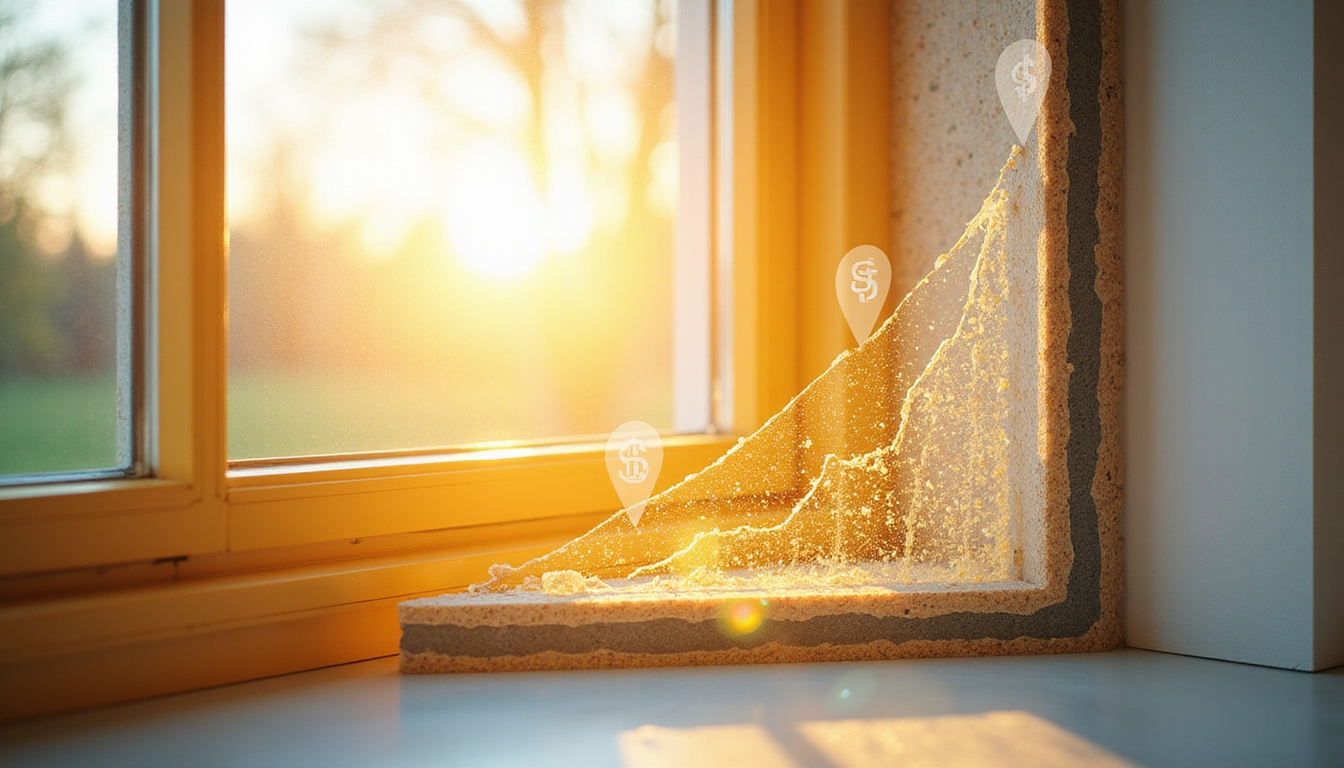 Cross-section of insulated triple-pane window, golden light, savings icons, rising property value chart