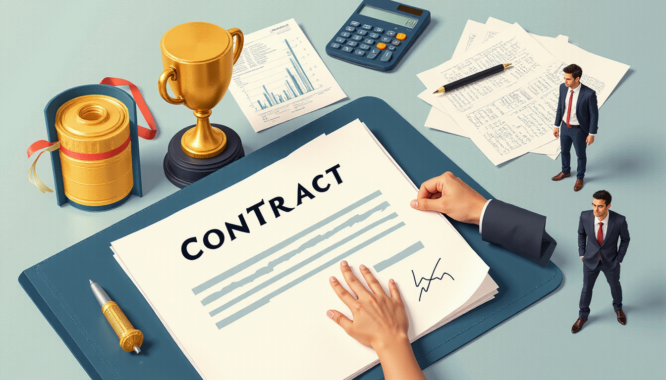  Contract folder with government seal, award trophy, handshake, spreadsheets, calculator, blueprints, confident diverse entrepreneurs