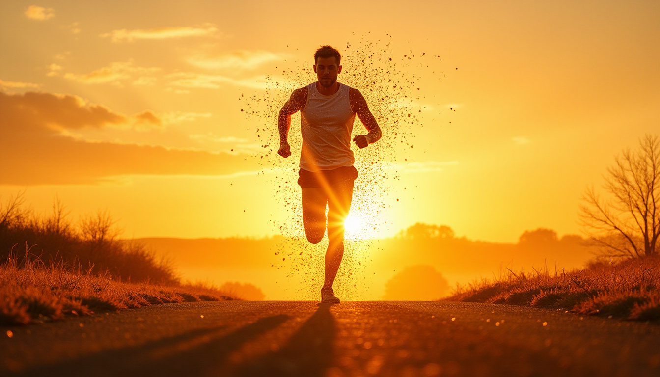  Person running at sunrise, golden energy aura, silhouette transforming into flourishing plants, triumphant posture