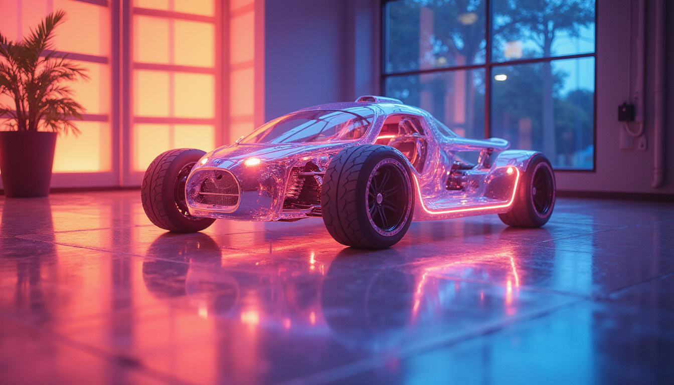 Close-up of corner weight sensors and suspension arms, holographic balance readouts, wind-tunnel reflections