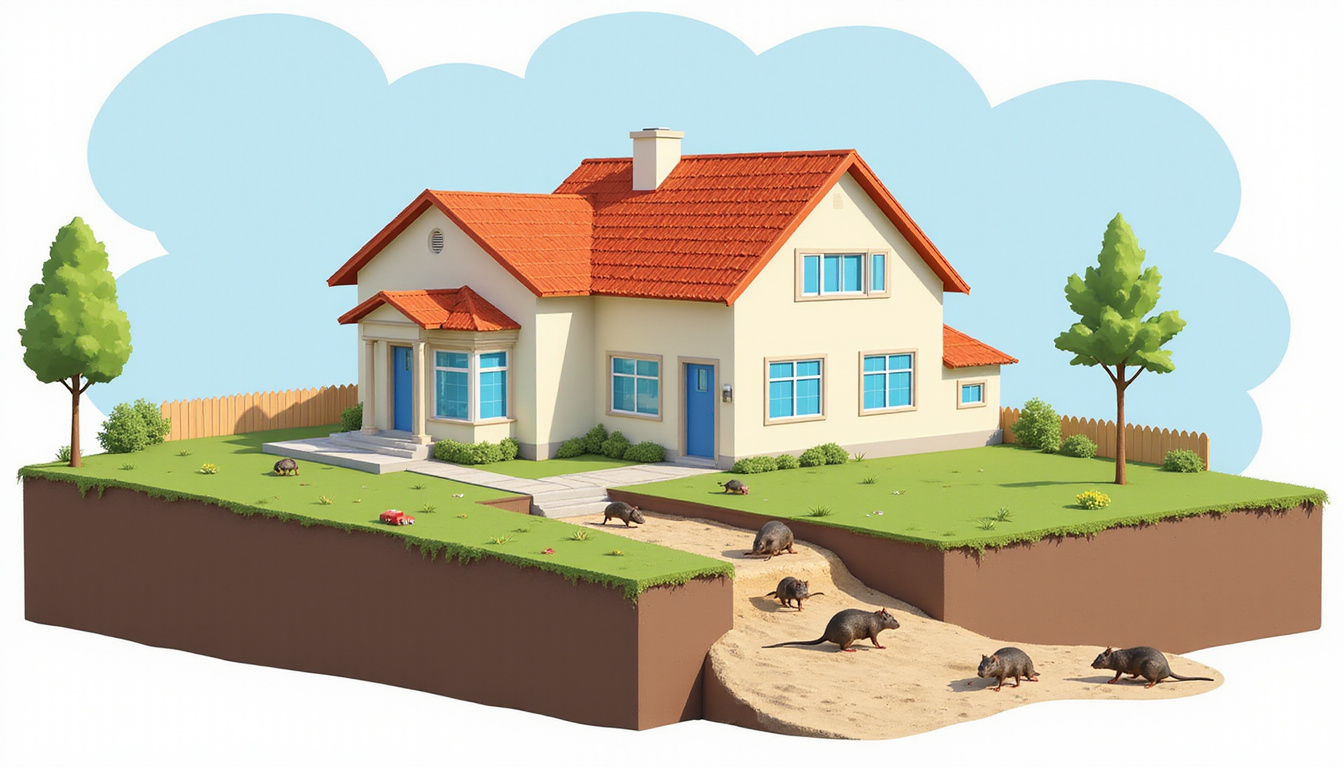 Cutaway illustration of house perimeter showing bait stations, trenches, rodents blocked by barrier