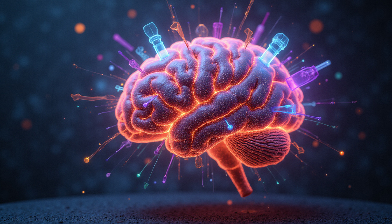  Surreal brain with glowing thought threads, colorful hack tools, exploding creative light, data streams