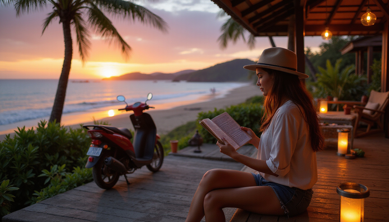  Solo traveler reading guidebook at beachside Bali hostel, sunset, scooter parked, cozy lanterns