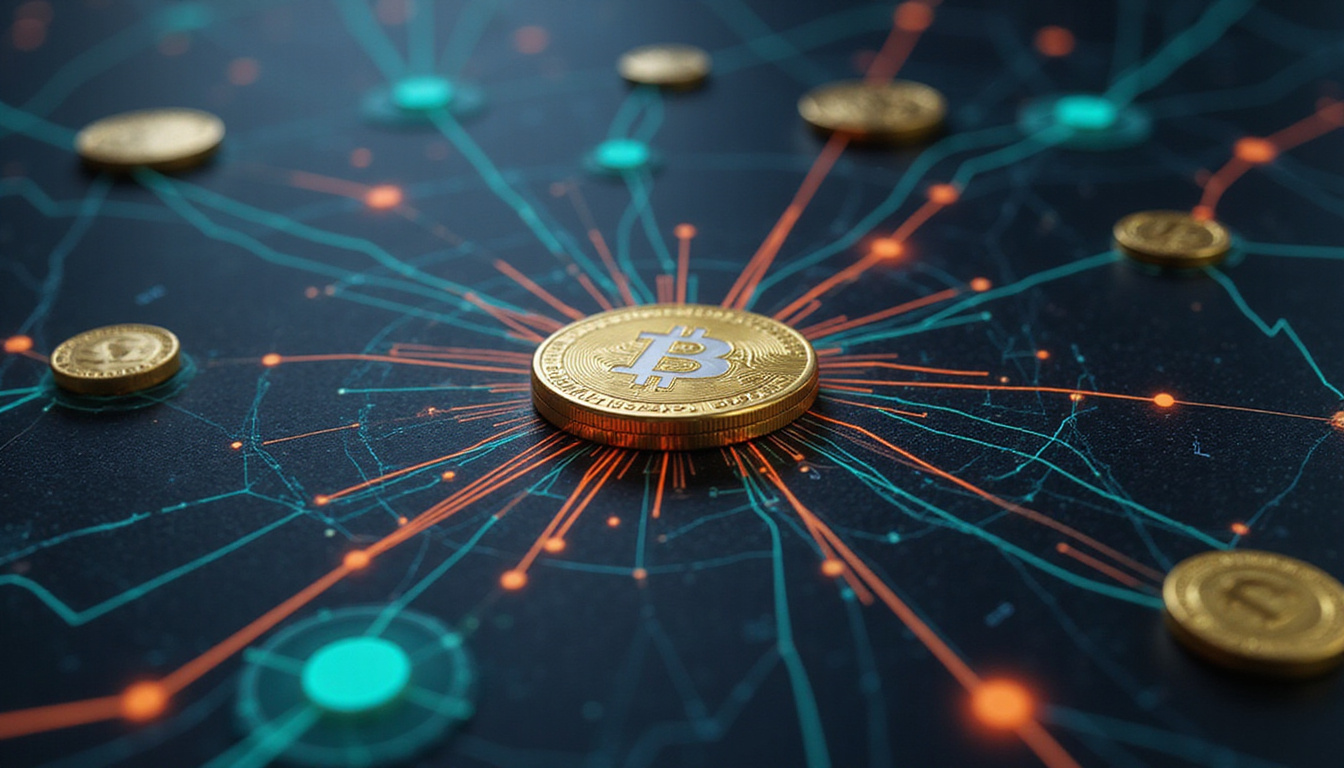  Close-up blockchain nodes processing transactions, speed lines, golden coins, algorithmic fee meter