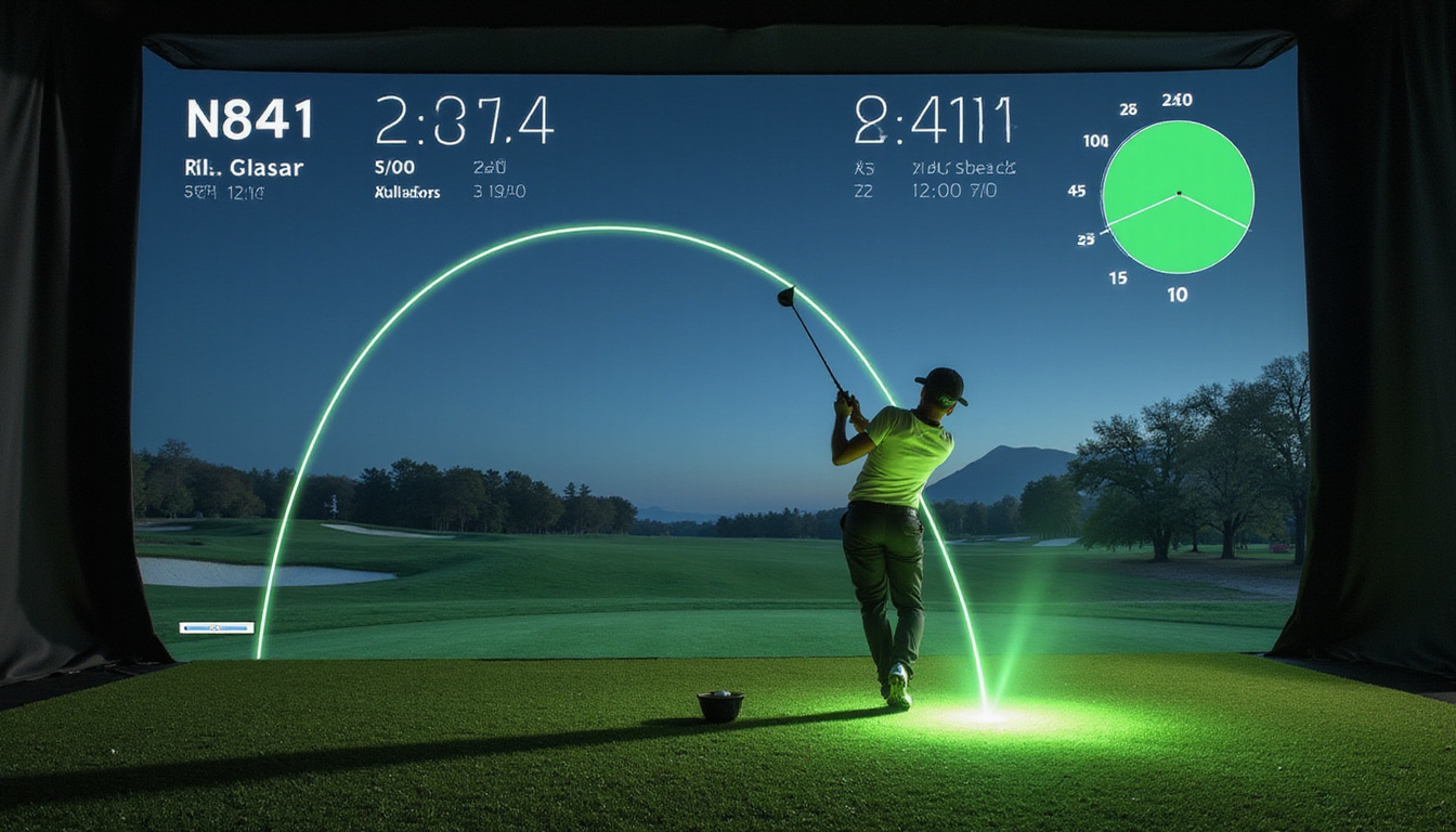  Seated golfer launching ball with exaggerated arc, glowing trajectory line, launch monitor readouts