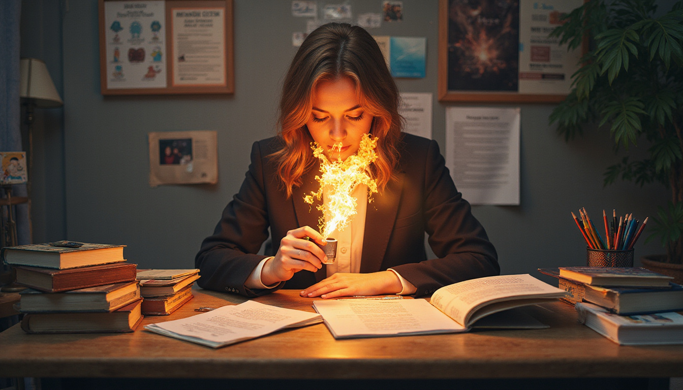  Late-night teacher grading papers, coffee steam forming phoenix, resilient expression, posters of hope
