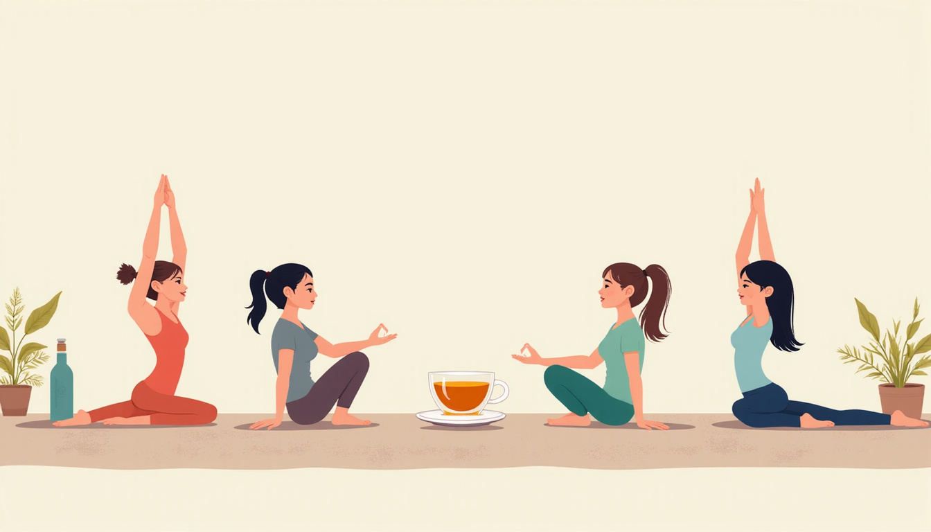  Calm infographic scene: gentle yoga poses, herbal tea, water bottle, soothing pastel colors