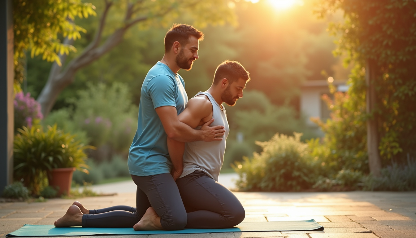 Young man doing supportive kneeling shoulder stretches with instructor, warm tones, peaceful garden