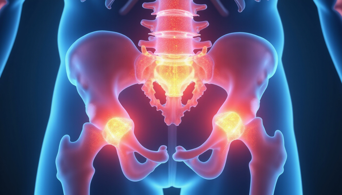  Close-up pelvis illustration showing inflamed sacroiliac joint glowing red transitioning to cool blue relief