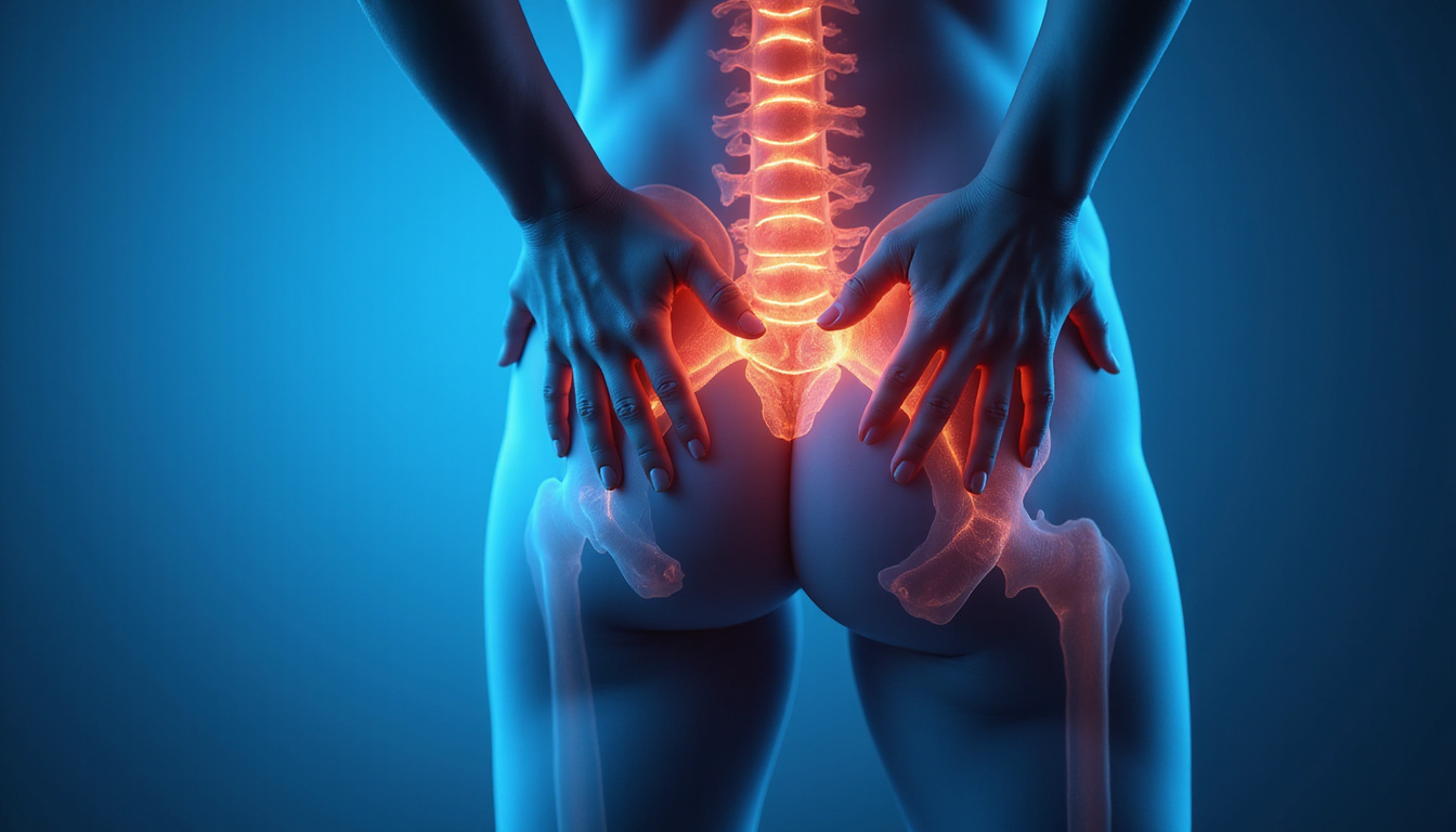  Close-up of hands pressing gluteal trigger points, anatomical muscle overlay, calming blue tones