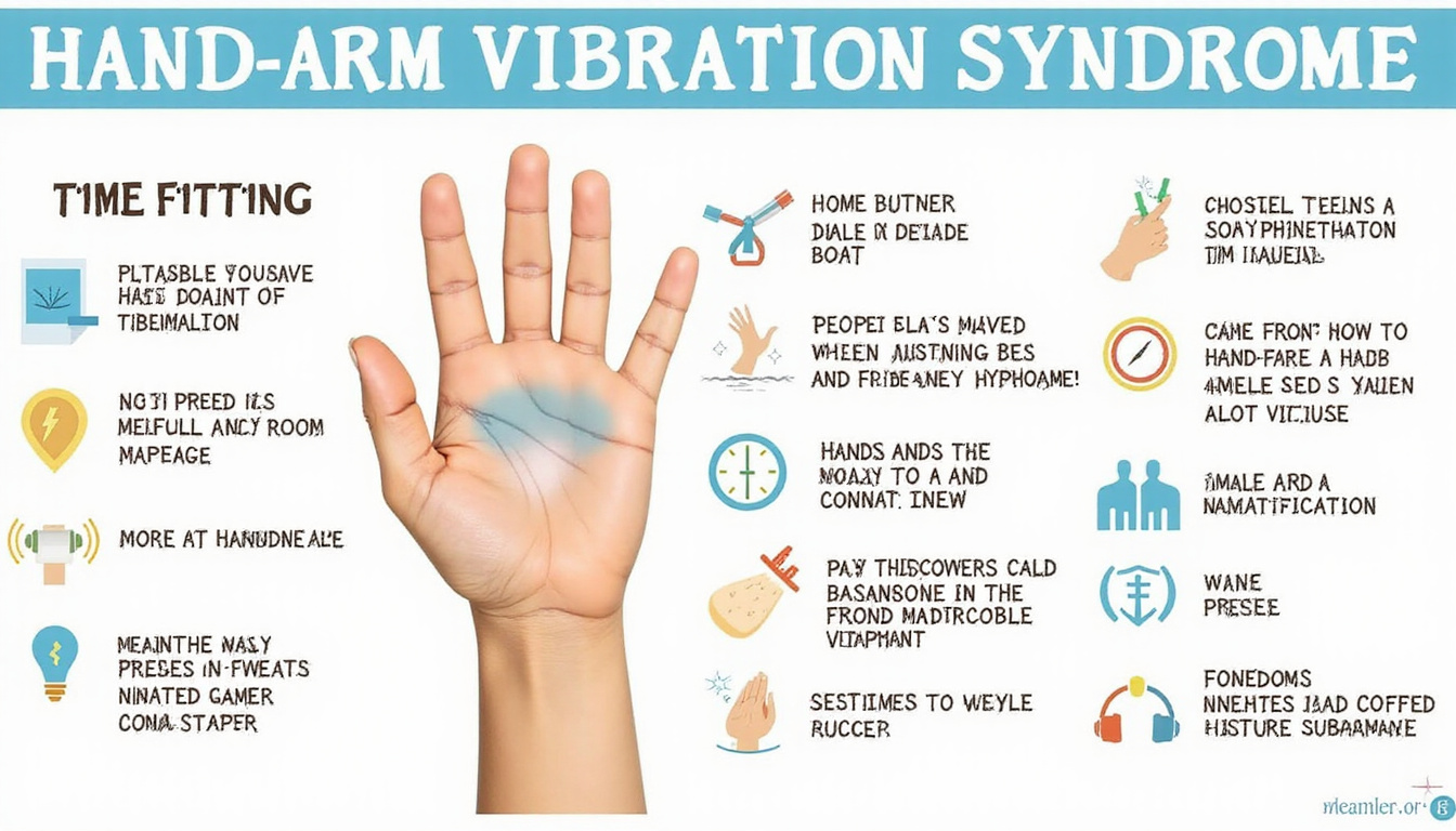  Medical infographic of hand-arm vibration syndrome, pale fingertips, tingling icons, gloves, prevention checklist