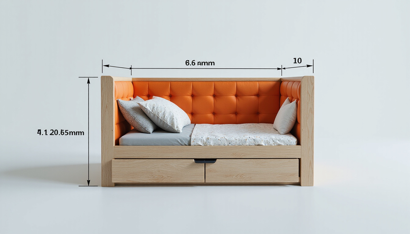  Cross-section of sleeper berth showing measurements, convertible platform mattress, efficient space-saving design