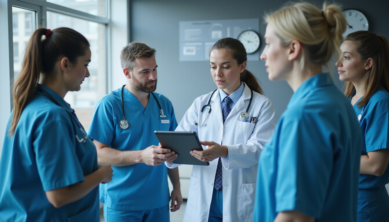  Multidisciplinary team reviewing treatment plan, digital tablet, fast-track clock overlay, modern organized clinic