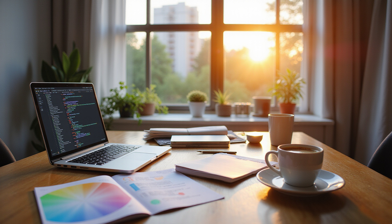  Streamlined workspace with automated transcripts, color-coded notes, coffee, sunrise through window