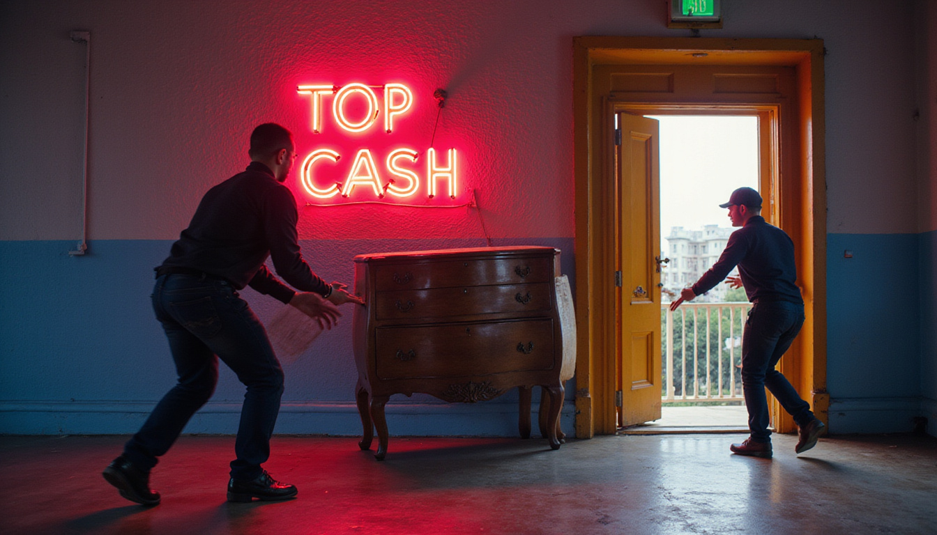  Fast removal crew hauling antique armoire through doorway, neon 