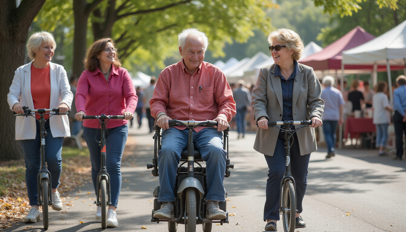  Diverse group of seniors celebrating outdoors using hands-free mobility devices at vibrant community festival