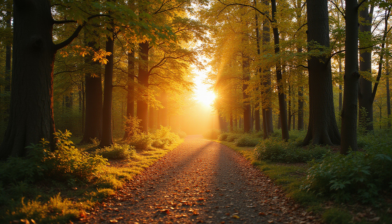  Forest path at sunrise, barefoot walking meditation, soft light, floating leaves, serene transformative atmosphere