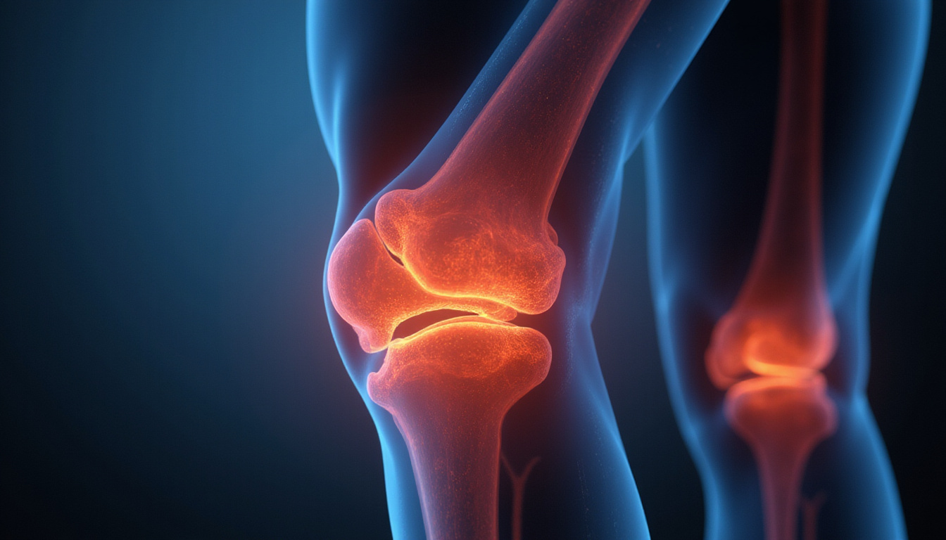  Close-up anatomical overlay of fractured knee healing, X-ray highlights, warm hopeful lighting