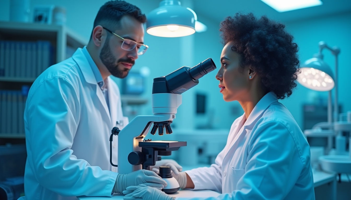  Clinical skincare lab scene, scientist examining scalp microscopy showing regrowth, blue sterile lighting