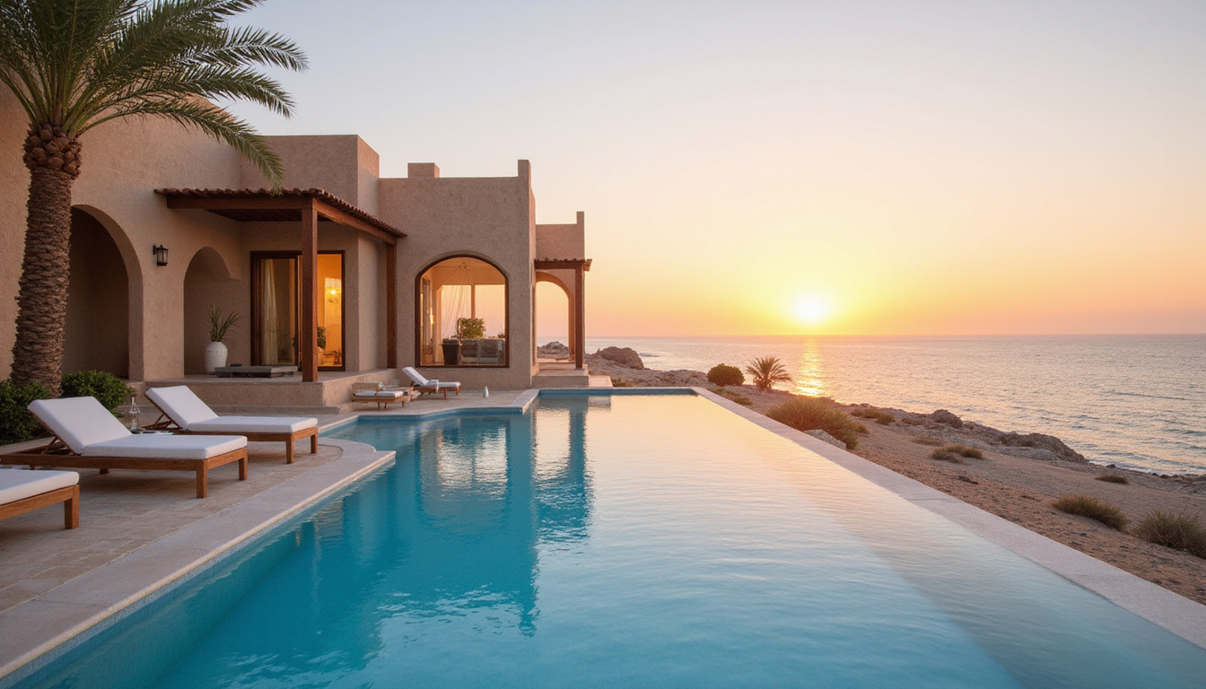  Private beachfront villa with infinity pool, Arabesque architecture, soft golden light, Red Sea horizon